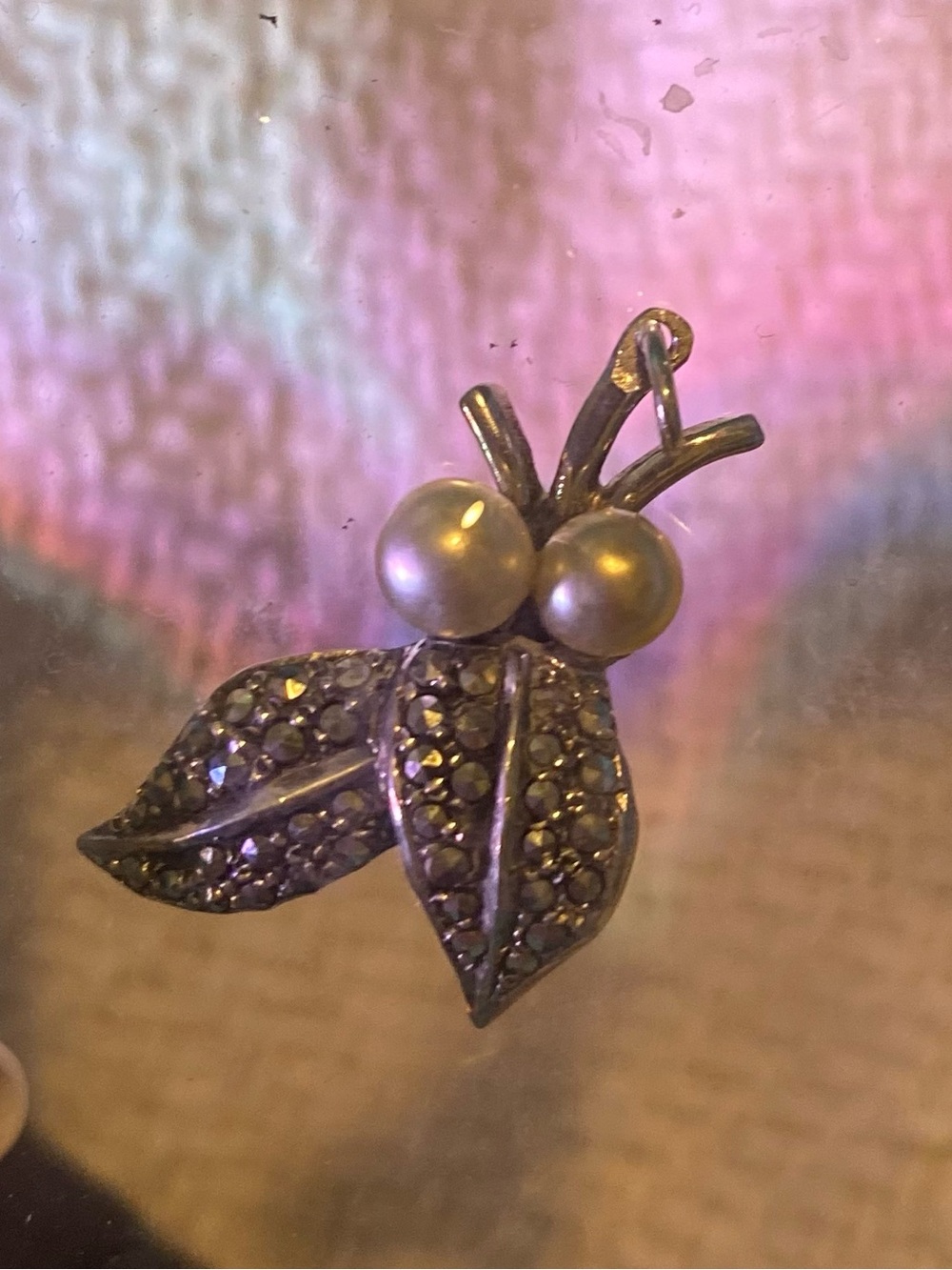 Stamped with Sterling and Germany, Pearl and Pavé Leaf Pendant Necklace Silver